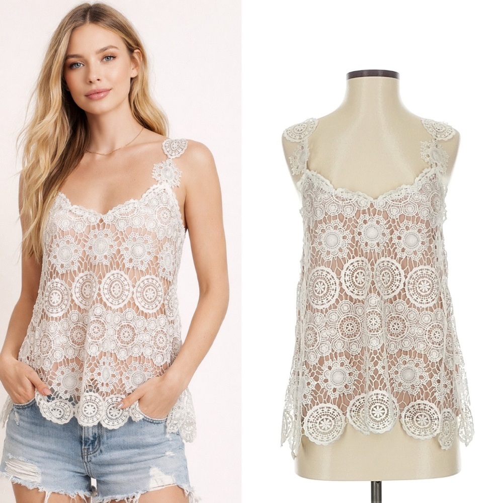 MADISON CIRCUS white lace nude top blouse size S